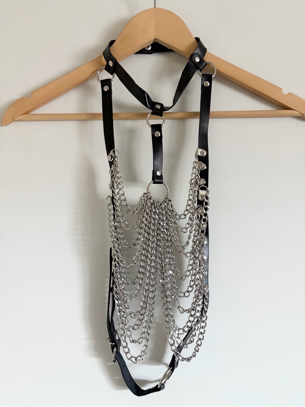 Yandy Chain Mail Black Faux Leather Harness Top Goth Silver Chains ONE SIZE